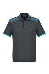 Mens Galaxy Polo in Grey/Cyan, 3XL, featuring breathable fabric, hexagonal print, and antibacterial treatment for comfort.