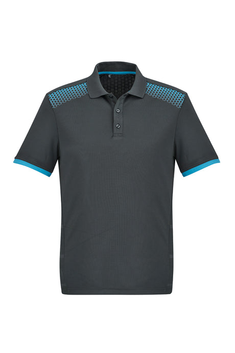 Men's Galaxy Polo in Grey and Cyan featuring breathable polyester, UPF protection, and stylish hexagonal print. Size M.