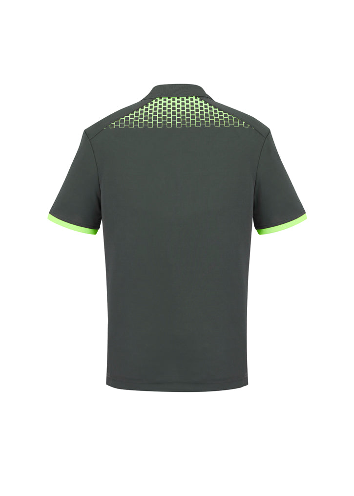 Men's Galaxy Polo in Grey/Fluoro Lime, XL, featuring breathable fabric, UPF protection, and stylish hexagonal print.