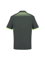 Mens Galaxy Polo in Grey/Fluoro Lime, size 3XL, featuring breathable fabric and stylish hexagonal print for comfort and branding.