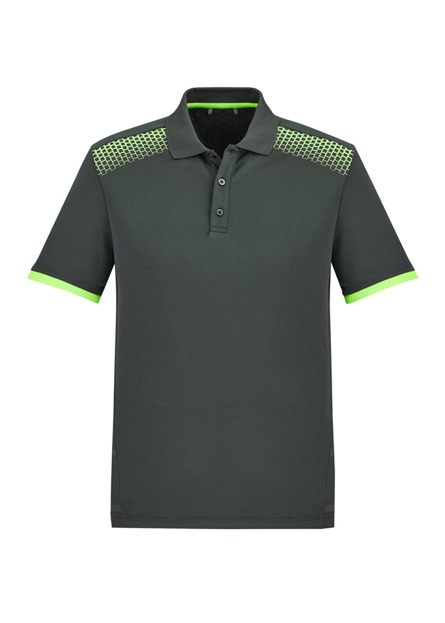 Mens Galaxy Polo in Grey/Fluoro Lime, size 3XL, featuring breathable fabric, dynamic print, and antibacterial treatment.