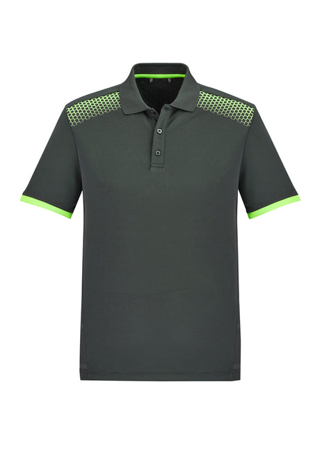 Mens Galaxy Polo in Grey/Fluoro Lime, Size 5XL, featuring breathable fabric, antibacterial treatment, and vibrant hexagonal print.