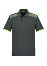 Men's Galaxy Polo in Grey/Fluoro Lime, featuring breathable fabric, antibacterial treatment, and dynamic print for style and comfort.