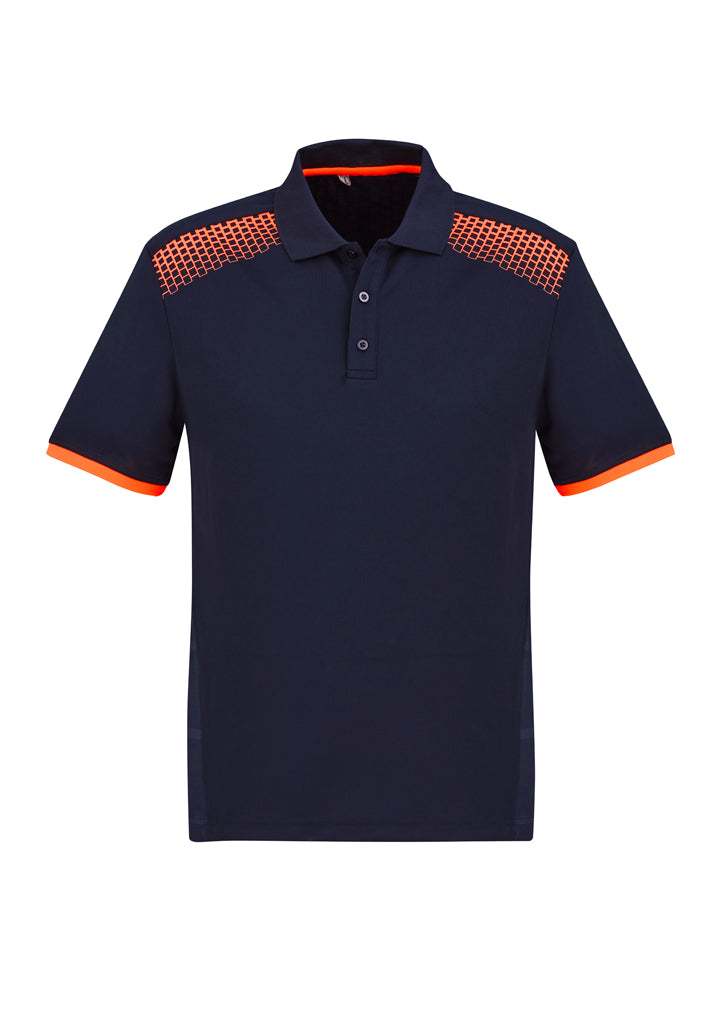 Navy and fluoro orange Men's Galaxy Polo with dynamic print, breathable fabric, and practical pocket for active wear.