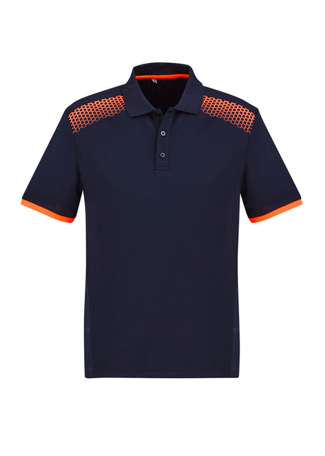 Navy and fluoro orange Men's Galaxy Polo with dynamic print, breathable fabric, and practical pocket for active wear.
