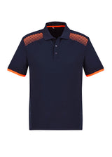 Men's Galaxy Polo in Navy and Fluoro Orange, featuring breathable fabric, antibacterial treatment, and stylish hexagonal print.