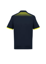Navy and Fluoro Yellow Men's Galaxy Polo, size XL, featuring breathable fabric, ventilation panels, and stylish hexagonal print.