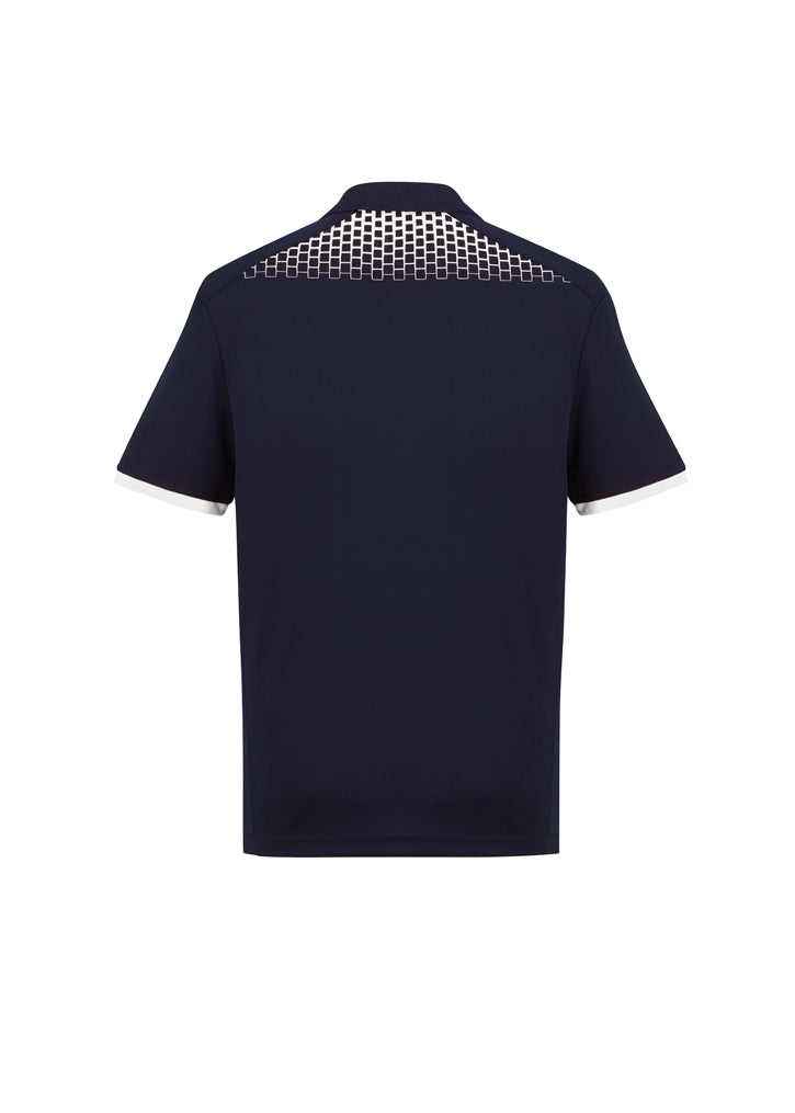 Men's Galaxy Polo in Navy/White, Size L, featuring breathable fabric, unique hexagonal print, and a convenient pocket.