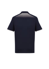 Men's Galaxy Polo in Navy/White, size M, featuring breathable fabric, antibacterial treatment, and stylish hexagonal print details.