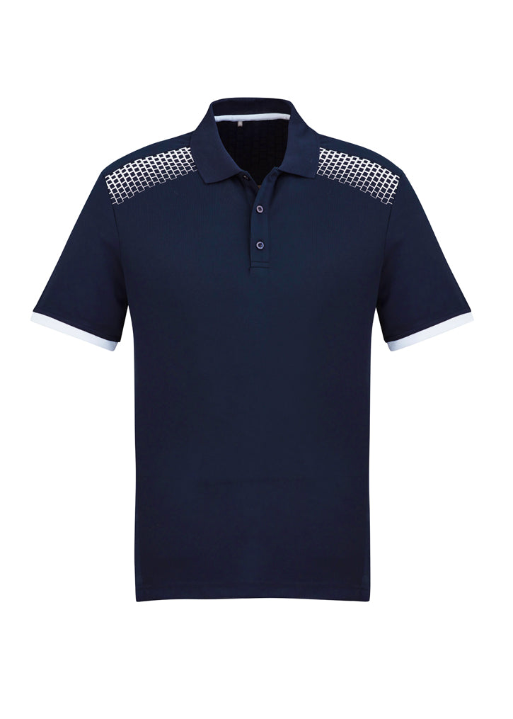 Navy and white Men's Galaxy Polo in size XS, featuring breathable fabric, ventilation panels, and ergonomic design.