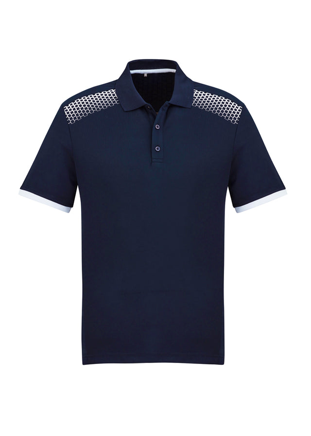 Mens Galaxy Polo in Navy/White, Size XL with breathable fabric, antibacterial treatment, and trendy hexagonal print design.