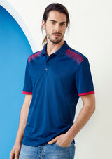 Men's Galaxy Polo in Navy and Fluoro Orange, size 5XL, featuring breathable fabric, hexagonal print, and a practical pocket.