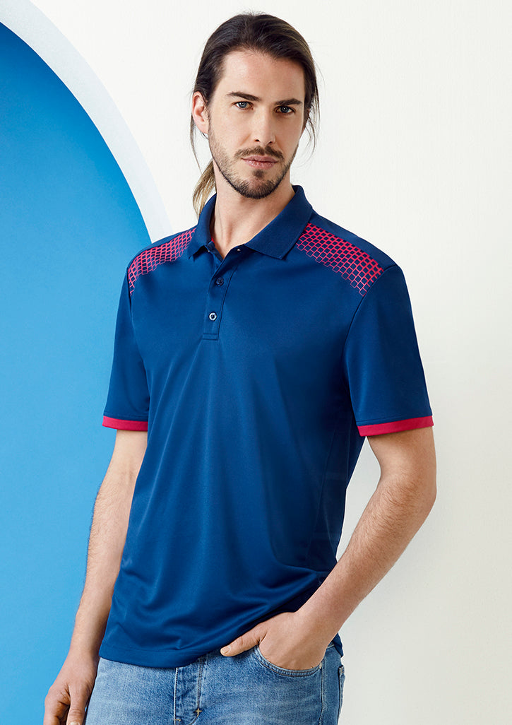 Navy and Fluoro Yellow Mens Galaxy Polo, Size L, featuring breathable fabric, antibacterial treatment, and stylish hexagonal print.