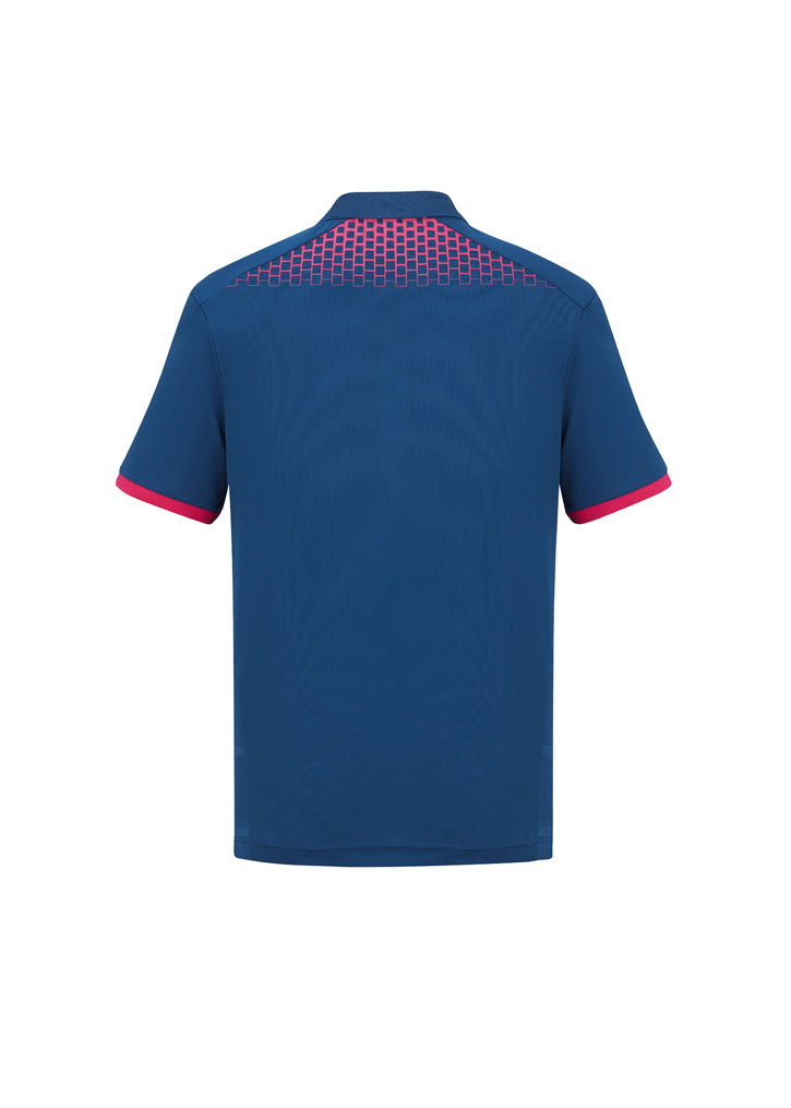 Steel blue and magenta men's polo shirt in 2XL, featuring breathable fabric, antibacterial treatment, and stylish hexagonal print.