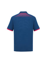 Mens Galaxy Polo in Steel Blue/Magenta, 5XL, features breathable fabric, UPF protection, and dynamic hexagonal print for style.