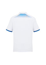 Men's Galaxy Polo in White/Royal, 5XL, featuring breathable fabric, dynamic print, and stylish design for comfort and ventilation.