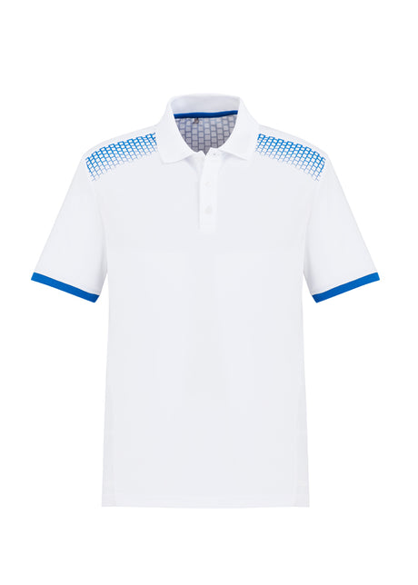 Men's Galaxy Polo in White/Royal, size M, featuring a dynamic hexagonal print and breathable, sweat-wicking fabric for comfort.