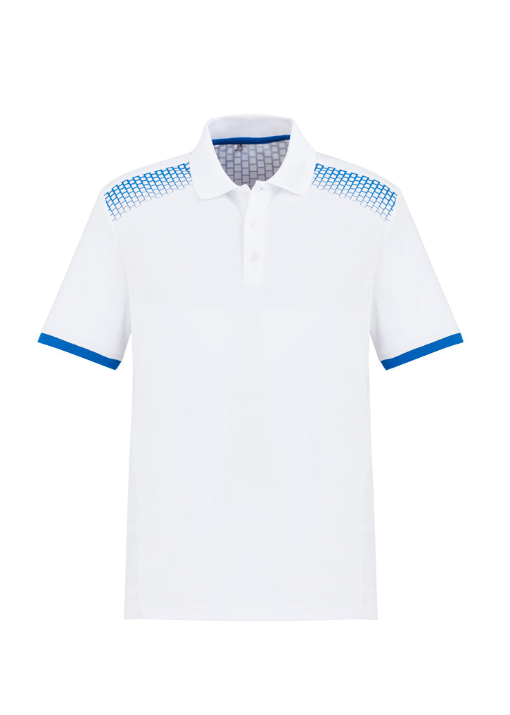 Men's Galaxy Polo in White/Royal, size 5XL, featuring breathable fabric, antibacterial treatment, and stylish hexagonal print.