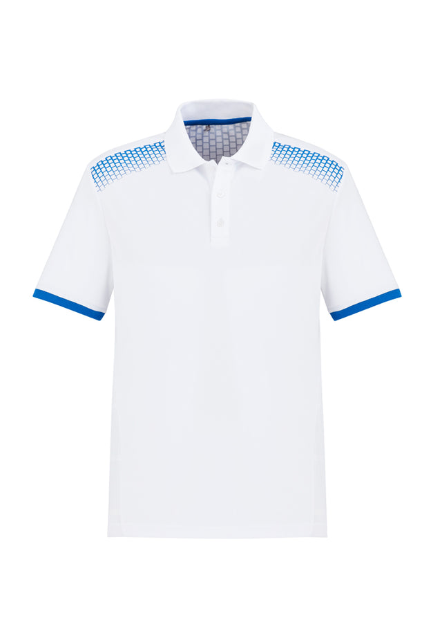 Men's Galaxy Polo in White/Royal, size 5XL, featuring breathable fabric, antibacterial treatment, and stylish hexagonal print.