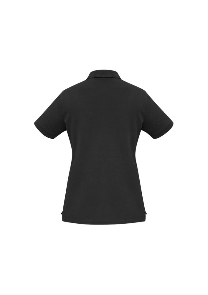 Ladies Oceana Polo in black, size 18, featuring a stylish design, soft cotton-rich fabric, UPF protection, and versatile style.