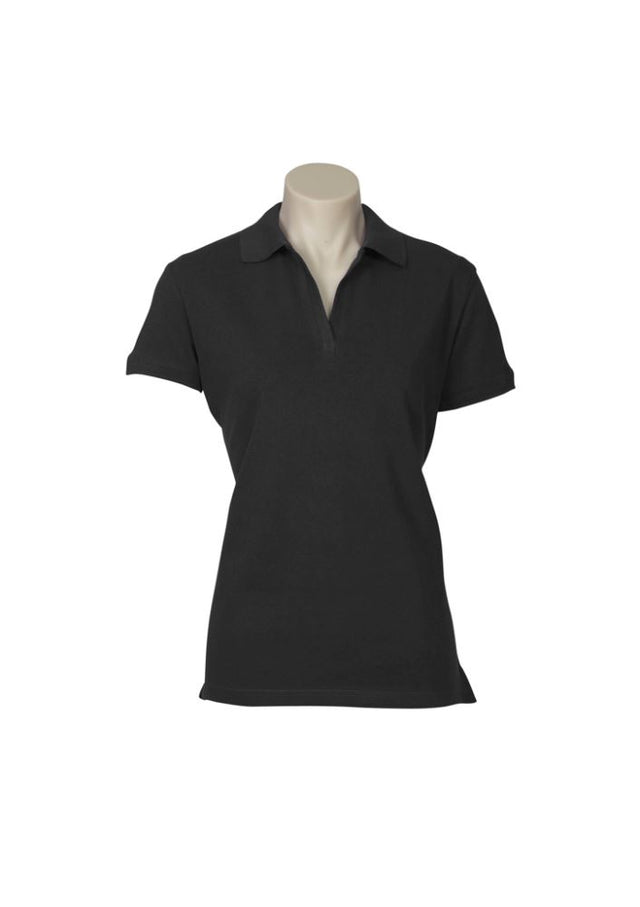 Ladies Oceana Polo in black, size 14; soft, stretchy cotton-rich fabric with stylish rib placket and sun protection.