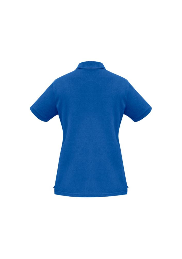 Ladies Oceana Polonch Blue top from Biz Collection, featuring breathable pique knit, UPF protection, and stylish rib 'Y' placket.