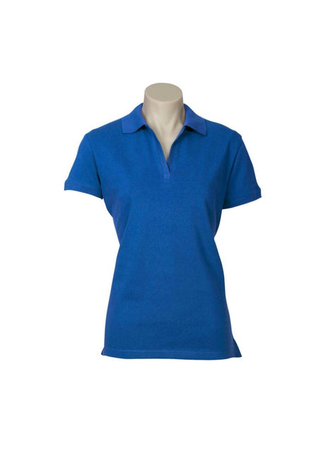 Ladies Oceana Polonch Blue shirt in size 22, featuring a cotton blend, UPF protection, and stylish ribbed placket for comfort.