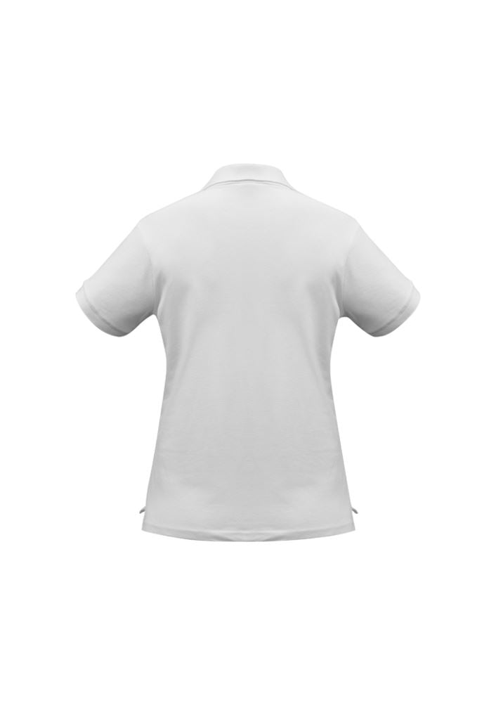 White Ladies Oceana Polo in size 24, featuring cotton-rich fabric, UPF protection, side splits, and stylish ribbed placket.