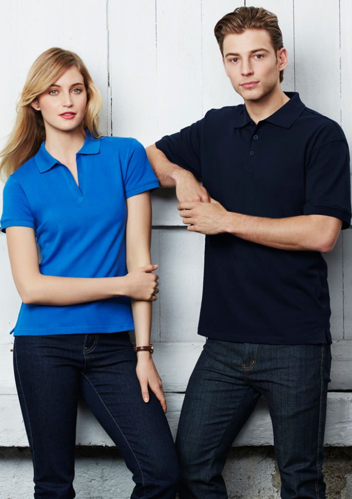Ladies Oceana Polonch Blue top showcasing a stylish ribbed front placket and breathable fabric for comfort and sun protection.