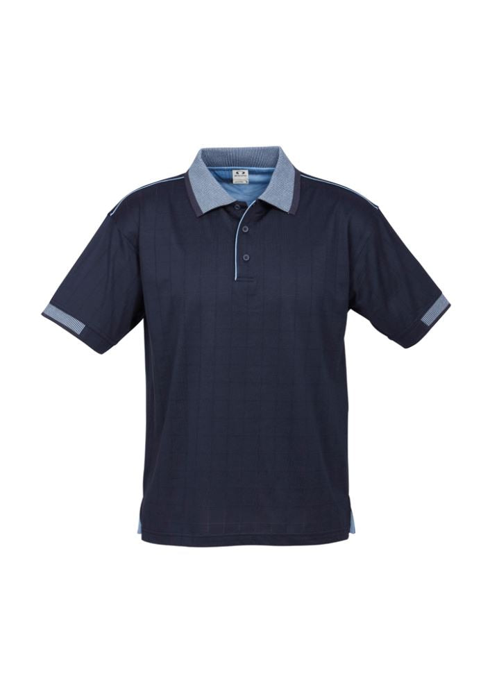 Men's Noosa Self Check Polo in Navy/Spring Blue, featuring breathable fabric, stylish design, and practical pocket, size S.