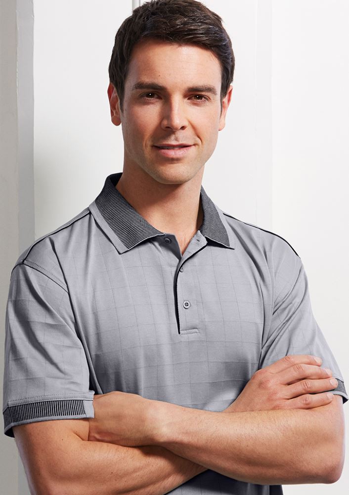 Aqua blue and white self-check polo shirt for men, size XL, featuring breathable fabric and stylish design elements.