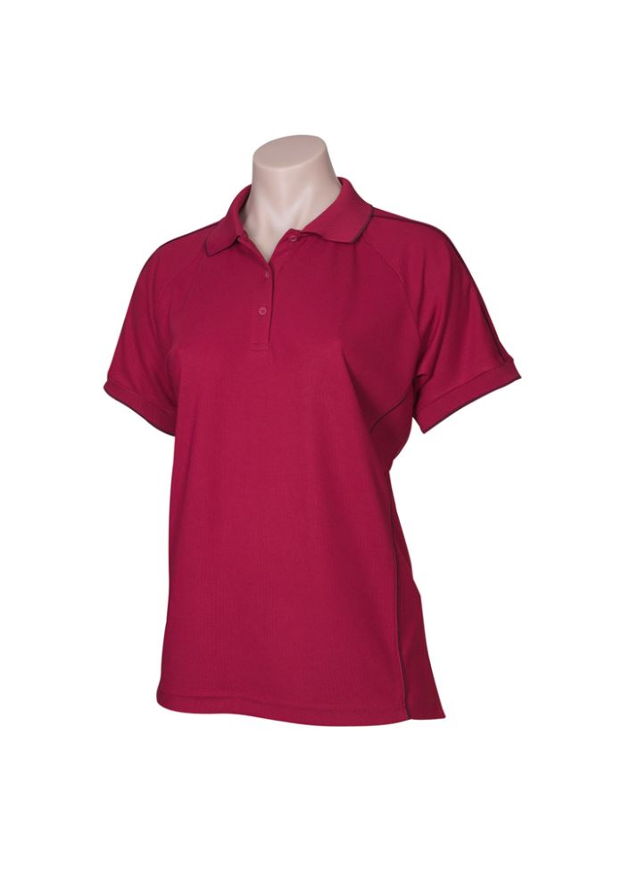 Ladies Resort Polo in Cherry/Maroon, Size 18 with raglan sleeves, 3-button placket, and breathable fabric for stylish comfort.