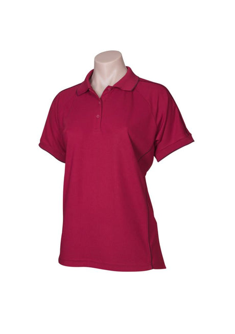 Ladies Resort Polo in Cherry/Maroon, Size 18 with raglan sleeves, 3-button placket, and breathable fabric for stylish comfort.