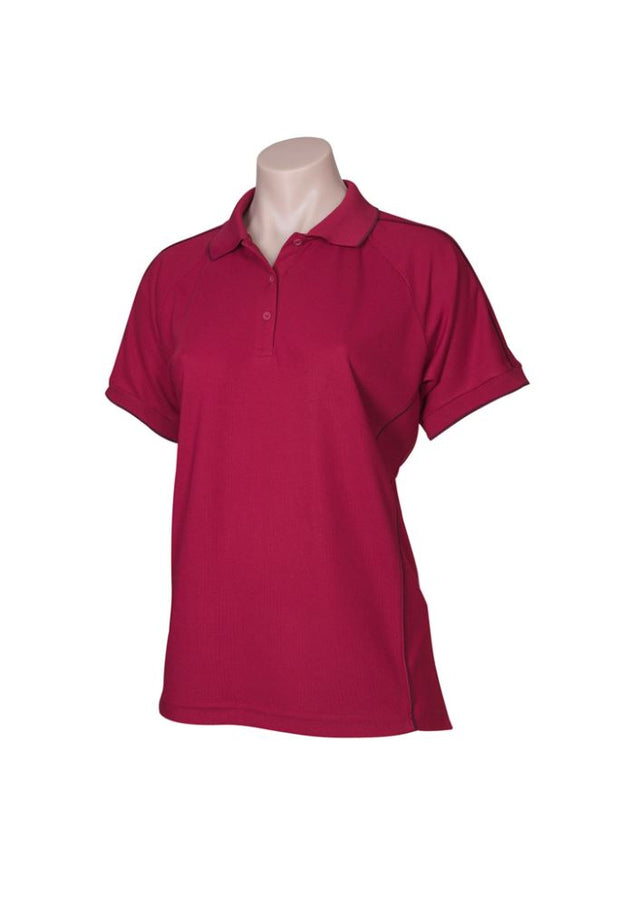 Ladies Resort Polo in Cherry/Maroon, Size 18 with raglan sleeves, 3-button placket, and breathable fabric for stylish comfort.