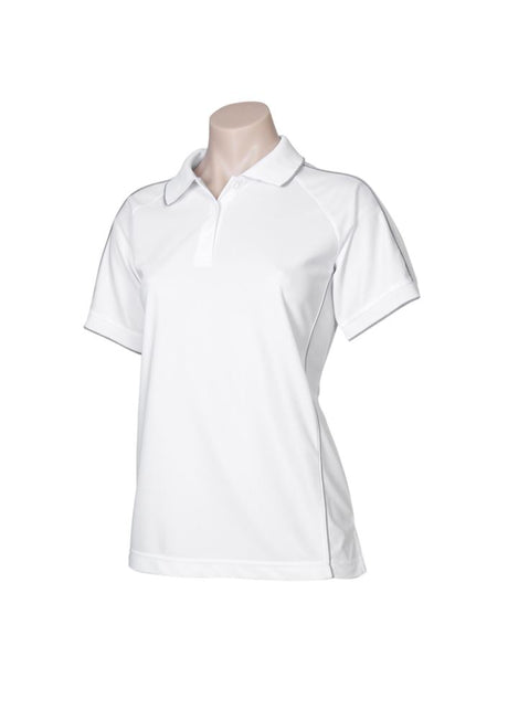 Ladies Resort Polo in White/Charcoal, Size 12, featuring breathable fabric, stylish design, and moisture management for comfort.