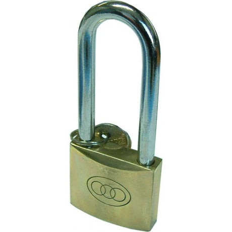 Brass long shank padlock 50mm with hardened steel shackle, ideal for gates and storage, includes 3 keys for access.