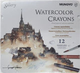 Mungyo 12-piece watercolour crayon set in tin, featuring vibrant colours, exceptional mixability, and easy-to-use design.