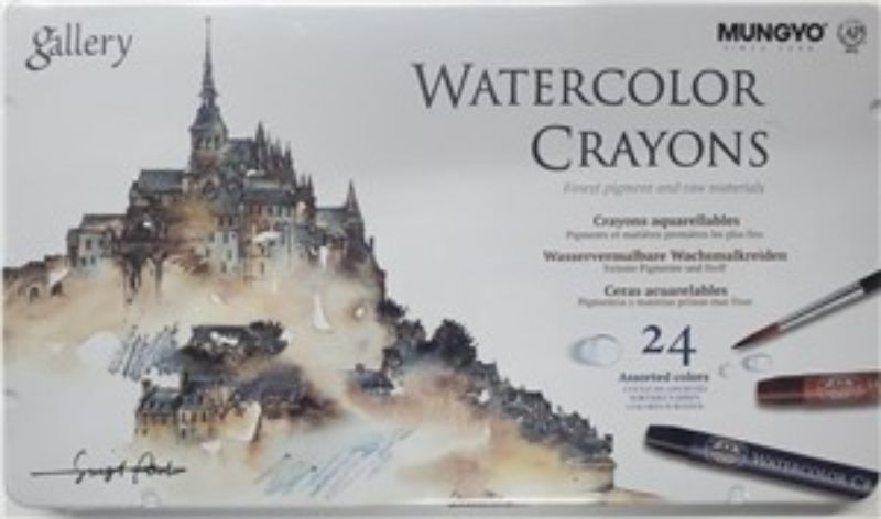 Mungyo Watercolour Crayons in a tin, featuring 24 vibrant colors for creating stunning watercolor effects.