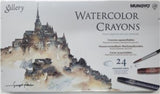 Mungyo Watercolour Crayons in a tin, featuring 24 vibrant colors for creating stunning watercolor effects.