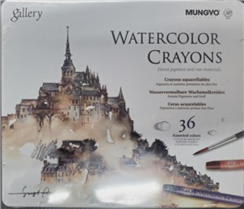 Mungyo Watercolour Crayons in a tin, featuring 36 vibrant colors for creating stunning watercolour art with superior mixability.