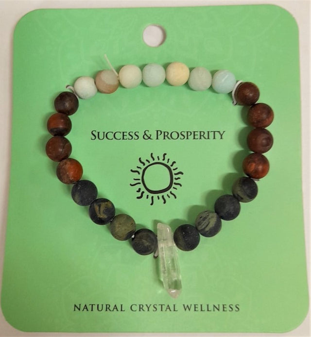 Set of 6 Power Bracelets featuring Quartz Point, Amazonite, Jasper, and Tiger's Eye, designed to attract success and prosperity.