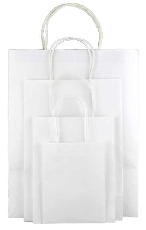 Sturdy white Kraft bags (pack of 25) 120gsm, 32x11x42cmH, perfect for retail, gifts, and eco-friendly packaging.