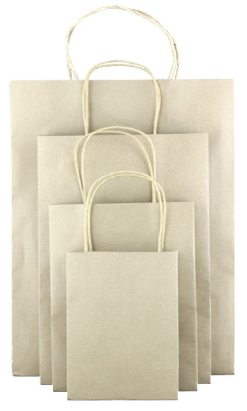 Natural Kraft bags in a pack of 25, sturdy 120gsm paper, eco-friendly, measuring 24x12x35cmH with comfortable handles.