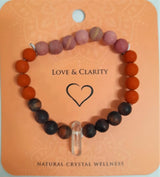 Set of 6 Power Bracelets featuring quartz, red jasper, rhodonite, and tiger's eye for love, clarity, and emotional healing.