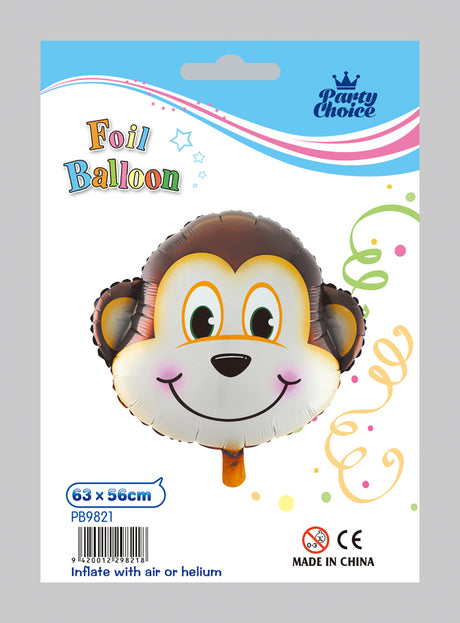 Vibrant monkey foil balloon, 63 x 56 cm, perfect for parties and celebrations with a fun, jungle theme.