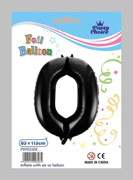 Pack of six glossy black foil number "0" balloons, ideal for stylish celebrations and versatile decorating.