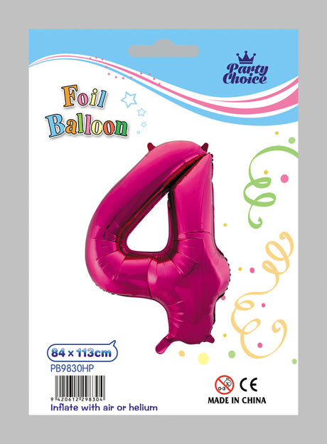 Hot pink foil number "4" balloons, set of 6, perfect for adding fun to any celebration, ready for helium fill.