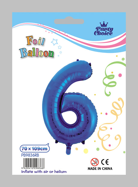 Blue foil number "6" balloons, set of 6, ideal for adding fun to any celebration. Ready for helium filling.