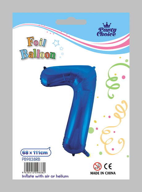 Blue foil number "7" balloons, pack of 6, ideal for events, ready to be filled with helium.