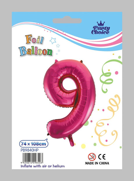 Hot pink foil number "9" balloons, pack of 6, perfect for adding fun to celebrations and ready to fill with helium.